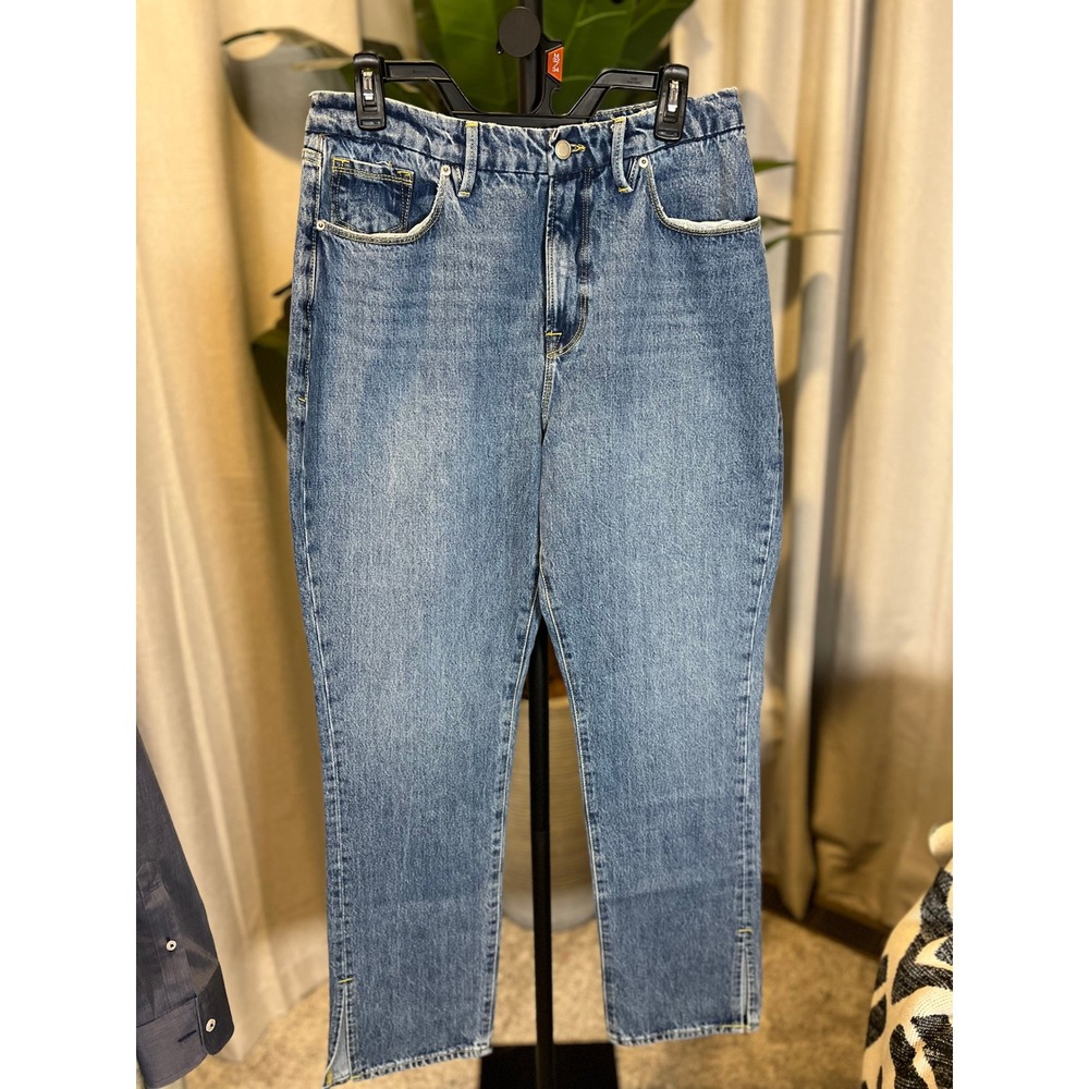 Good American High Rise Straight Leg Jeans Medium Wash Blue Size 12/31 Split Hem